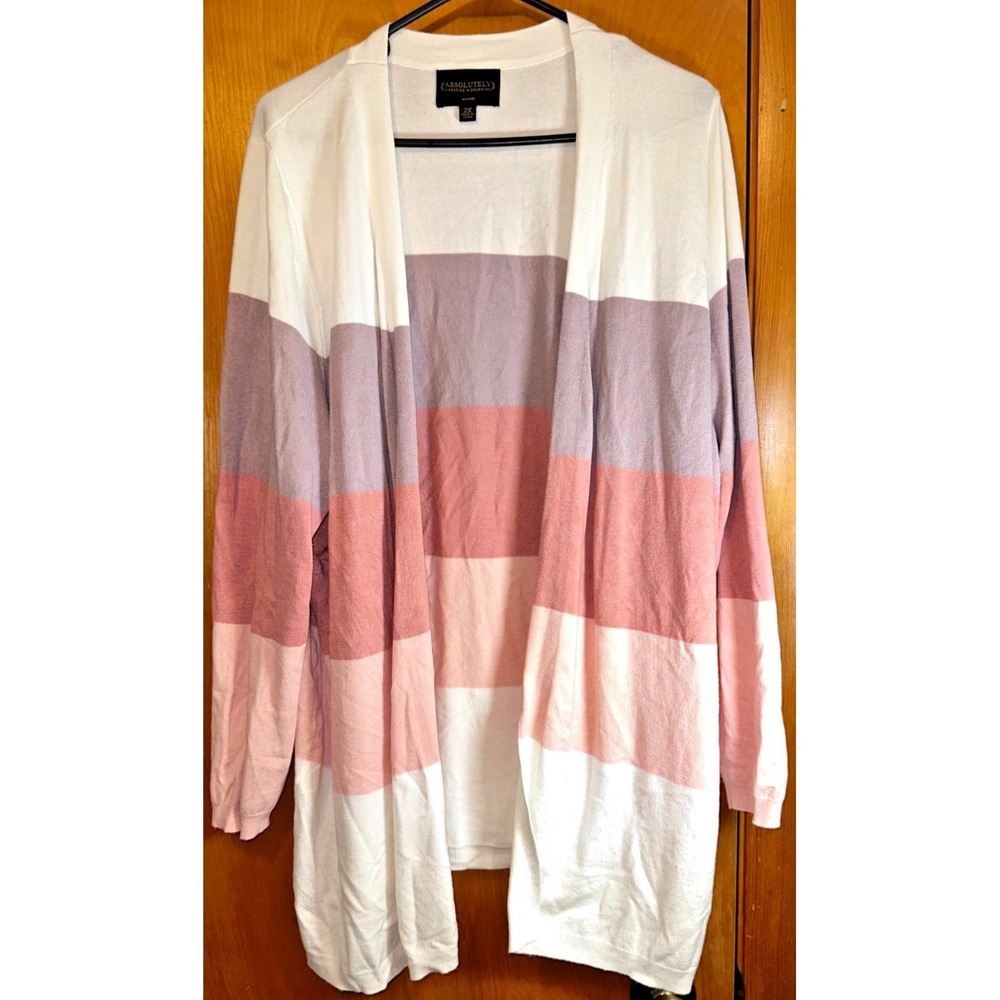 Absolutely Creative Worldwide 2X Clorblock Striped Open Long Cardigan Ivory Pink